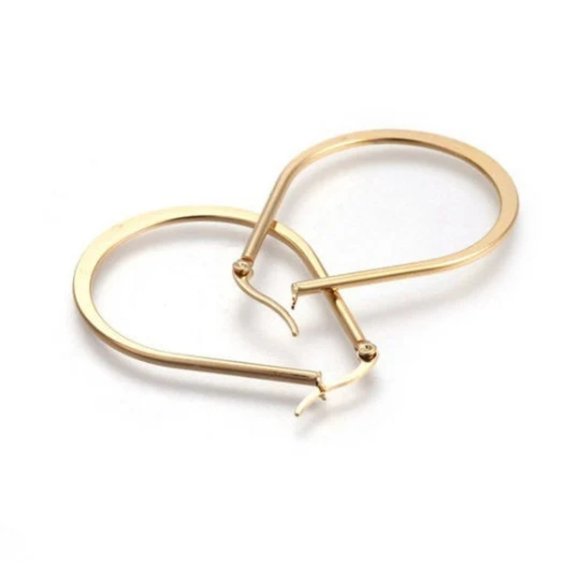 Teardrop Flat Band Hoop Gold Tone Pierced Post Stud Earrings 1 7/8" 47mm - Picture 5 of 6